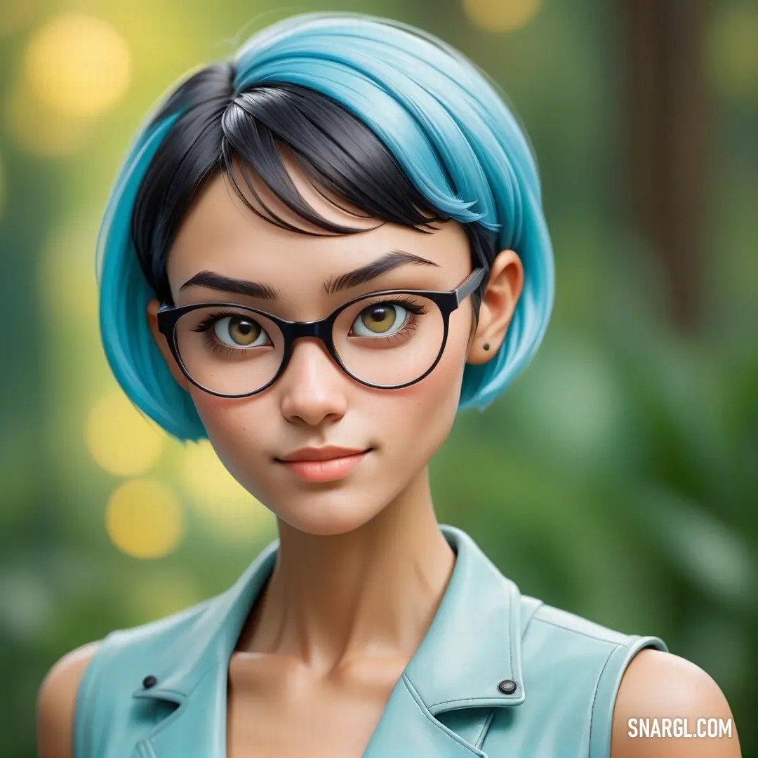 Cartoon girl with blue hair and glasses on her face. Example of RGB 175,238,238 color.