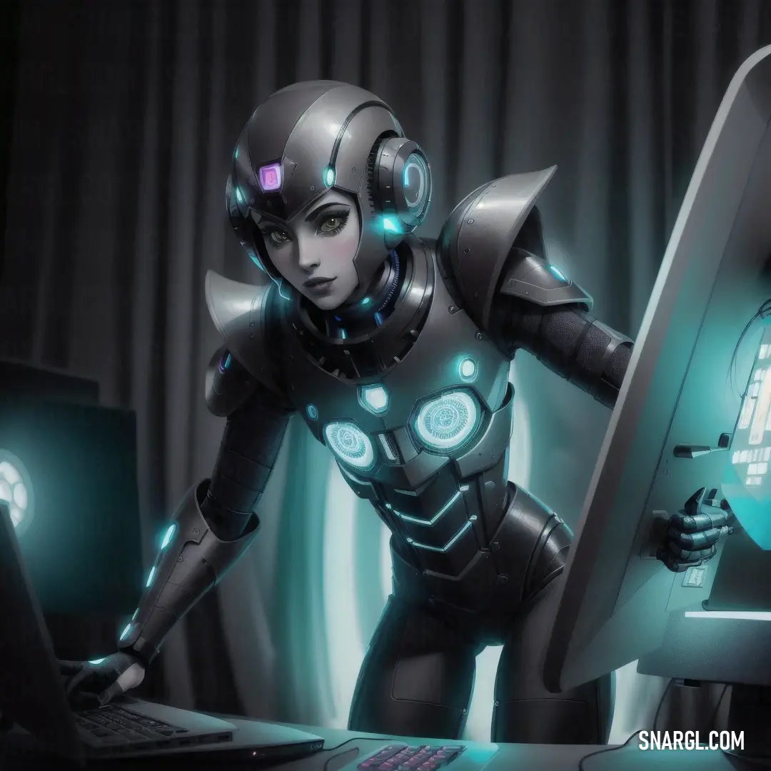 Robot is standing next to a computer screen and a keyboard and mouse in a room with curtains and drapes