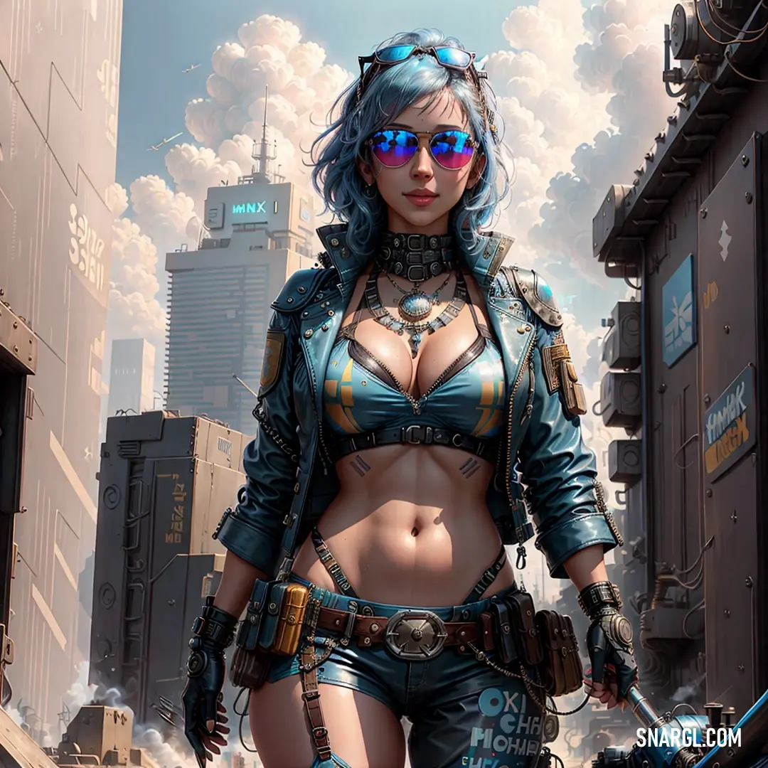 Woman in a futuristic outfit and sunglasses walking down a street with a motorcycle behind her and a city in the background