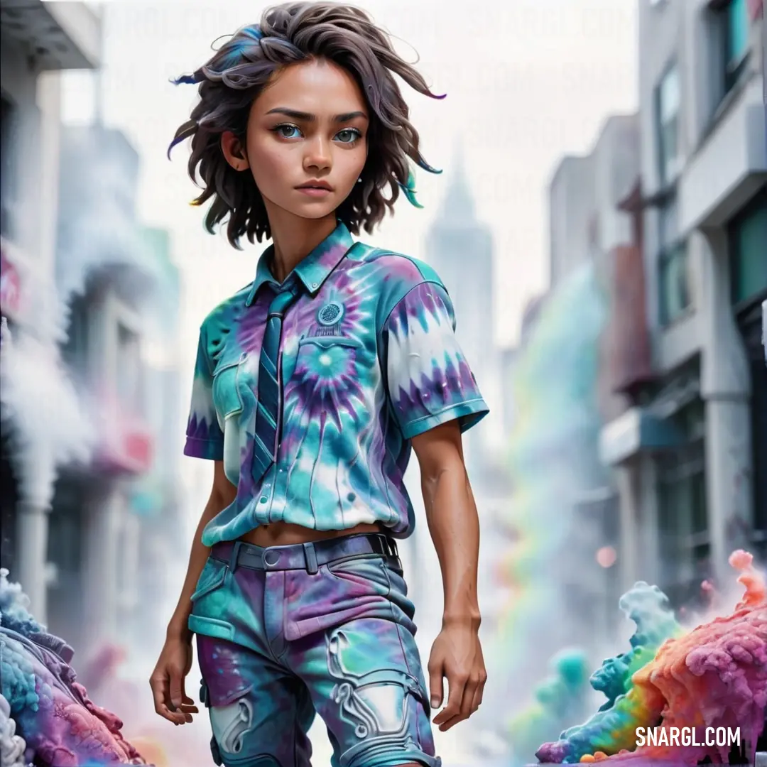 Woman in a tie dye shirt and jeans walking down a street with a rainbow colored background