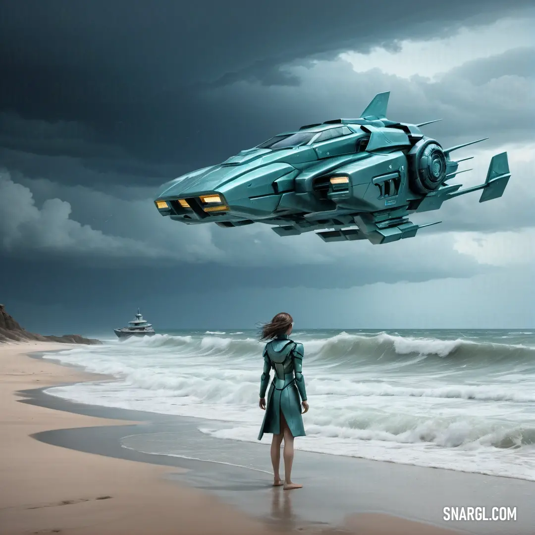 Woman standing on a beach next to a flying object in the sky above her head