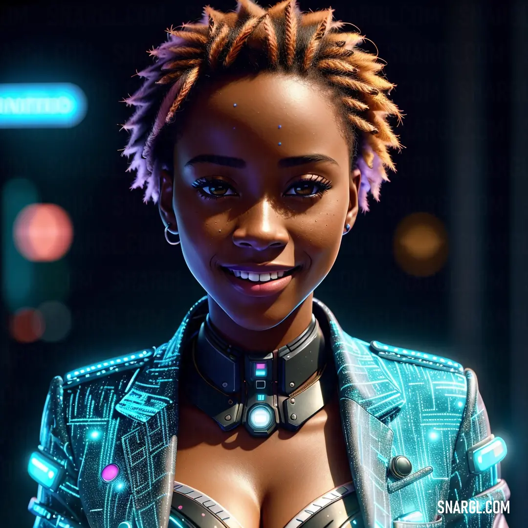 Woman with dreadlocks and a jacket on is smiling at the camera with a futuristic background. Color #AFEEEE.