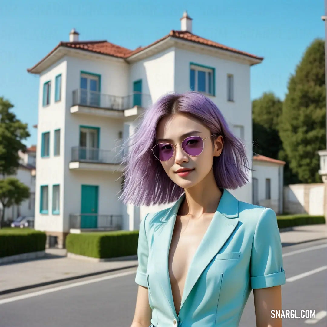 Woman with purple hair and sunglasses standing in front of a house with a blue blazer and a blue dress. Color Pale blue.