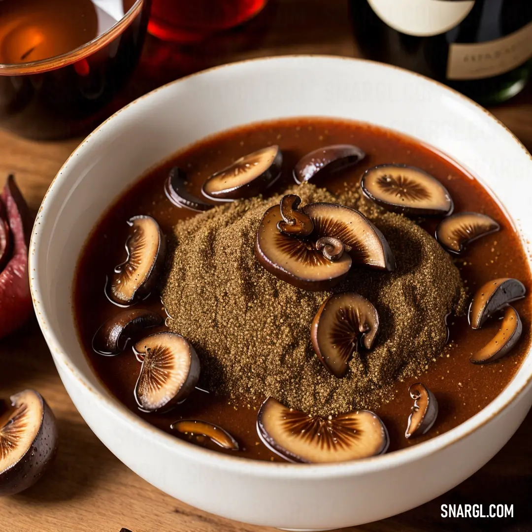 Pale brown color. Bowl of food with a spoon and some wine in the background