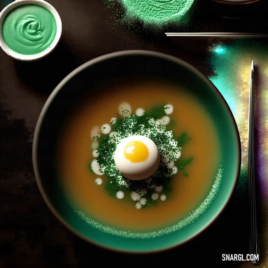 Bowl of soup with an egg on top of it. Example of CMYK 0,22,45,40 color.