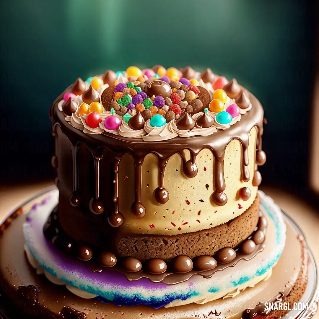 Cake with chocolate frosting and sprinkles on top of it on a plate on a table. Color CMYK 0,22,45,40.