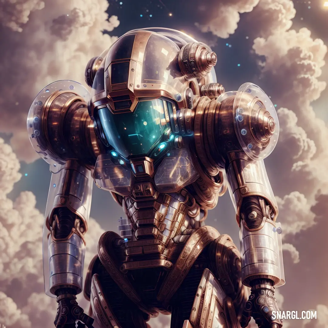 Futuristic robot standing in front of a cloudy sky with stars in the background and a bright green light shining on the head