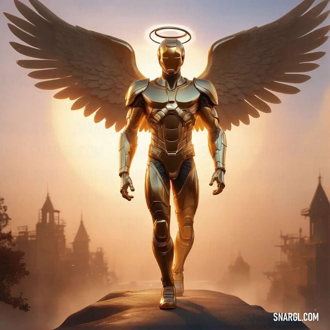 Golden angel standing on top of a hill with a halo around his head and wings on his chest