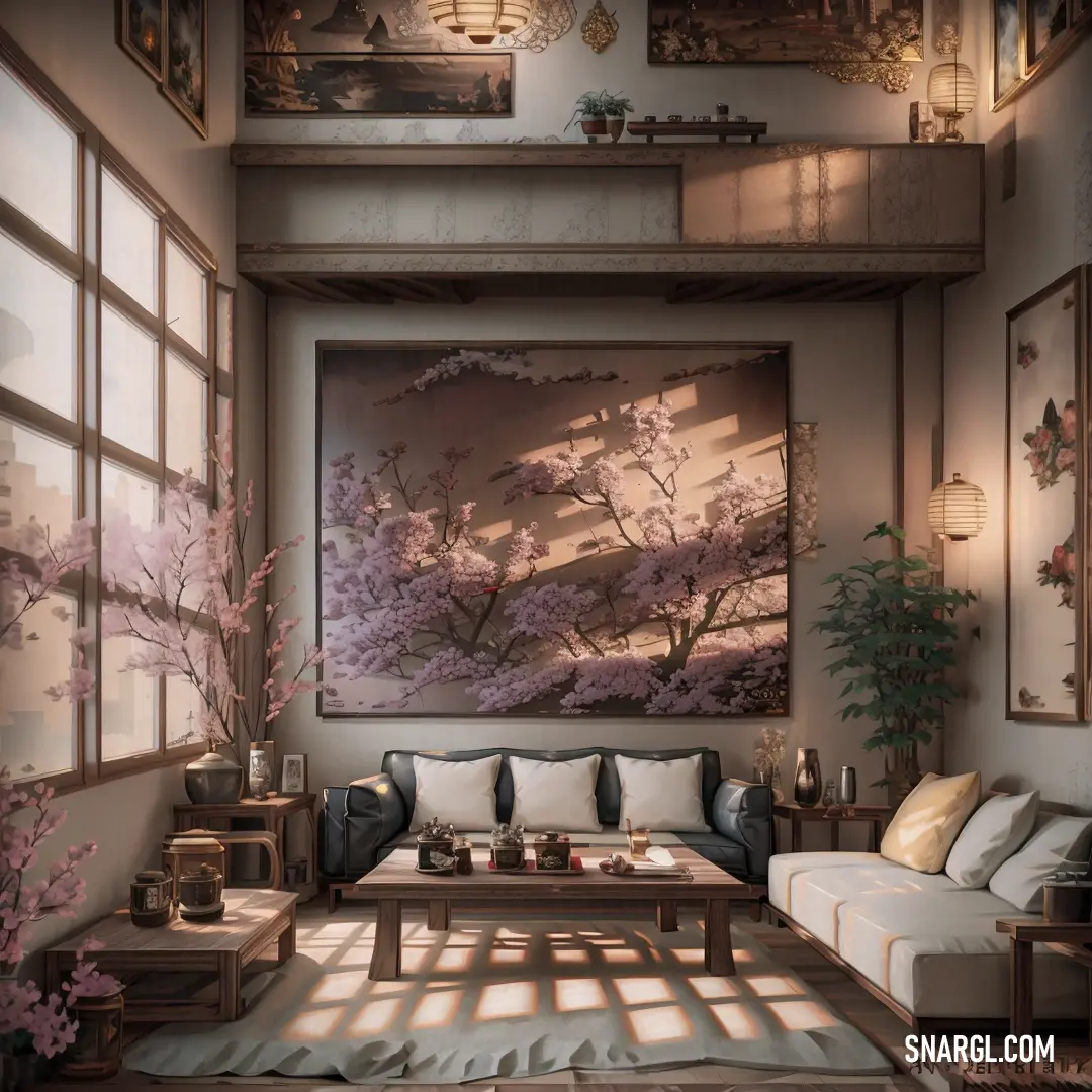 Living room with a couch and a painting on the wall above it and a coffee table in front of it. Color Pale brown.
