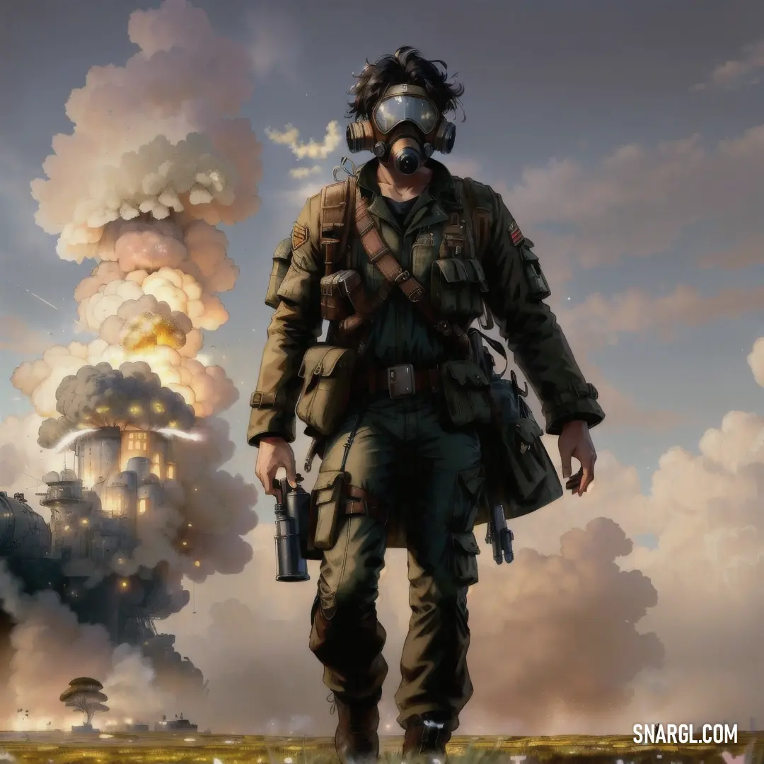 Man in a gas mask walking towards a large explosion of smoke and smokestacks in the background