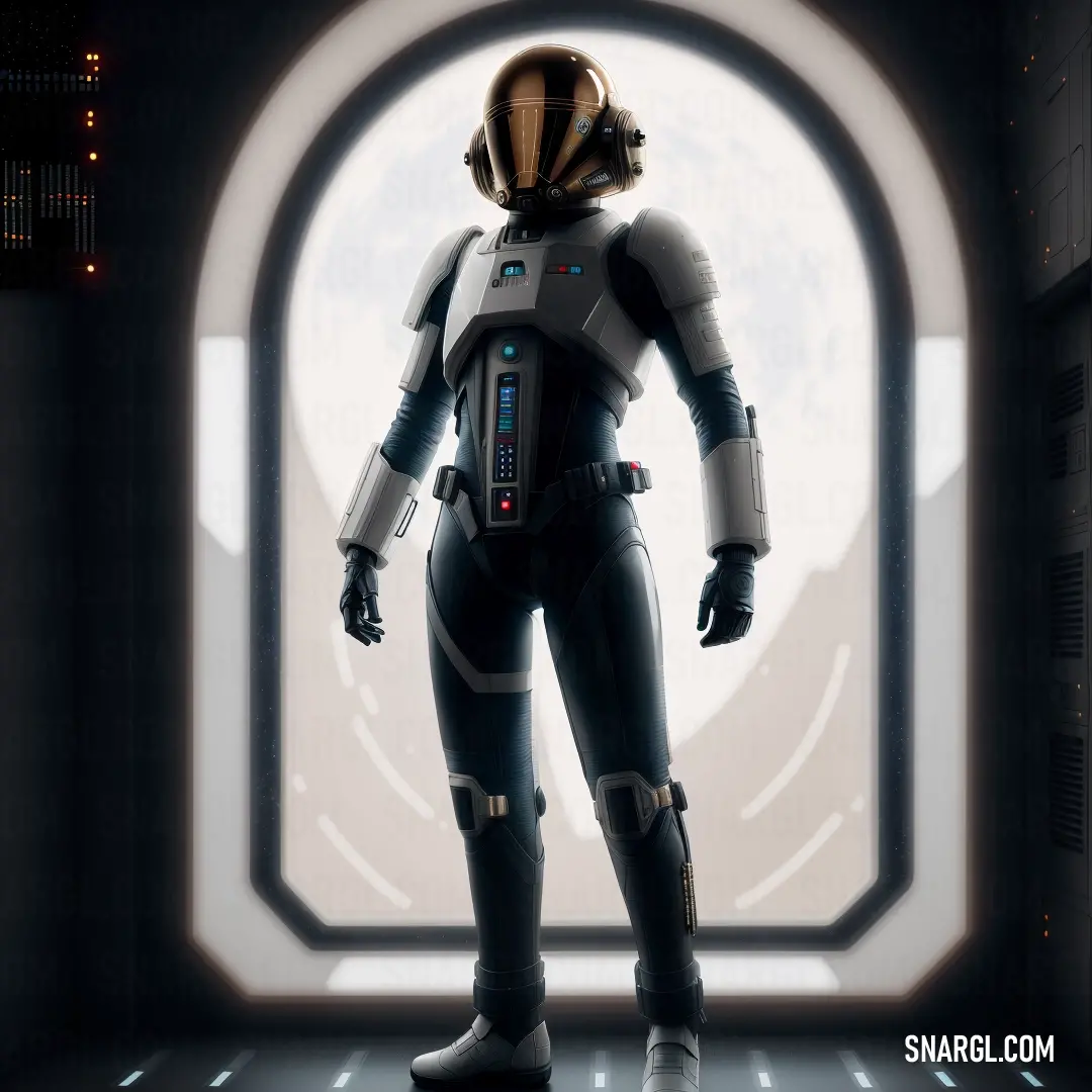 Man in a space suit standing in a doorway with a helmet on his head and a light on his chest