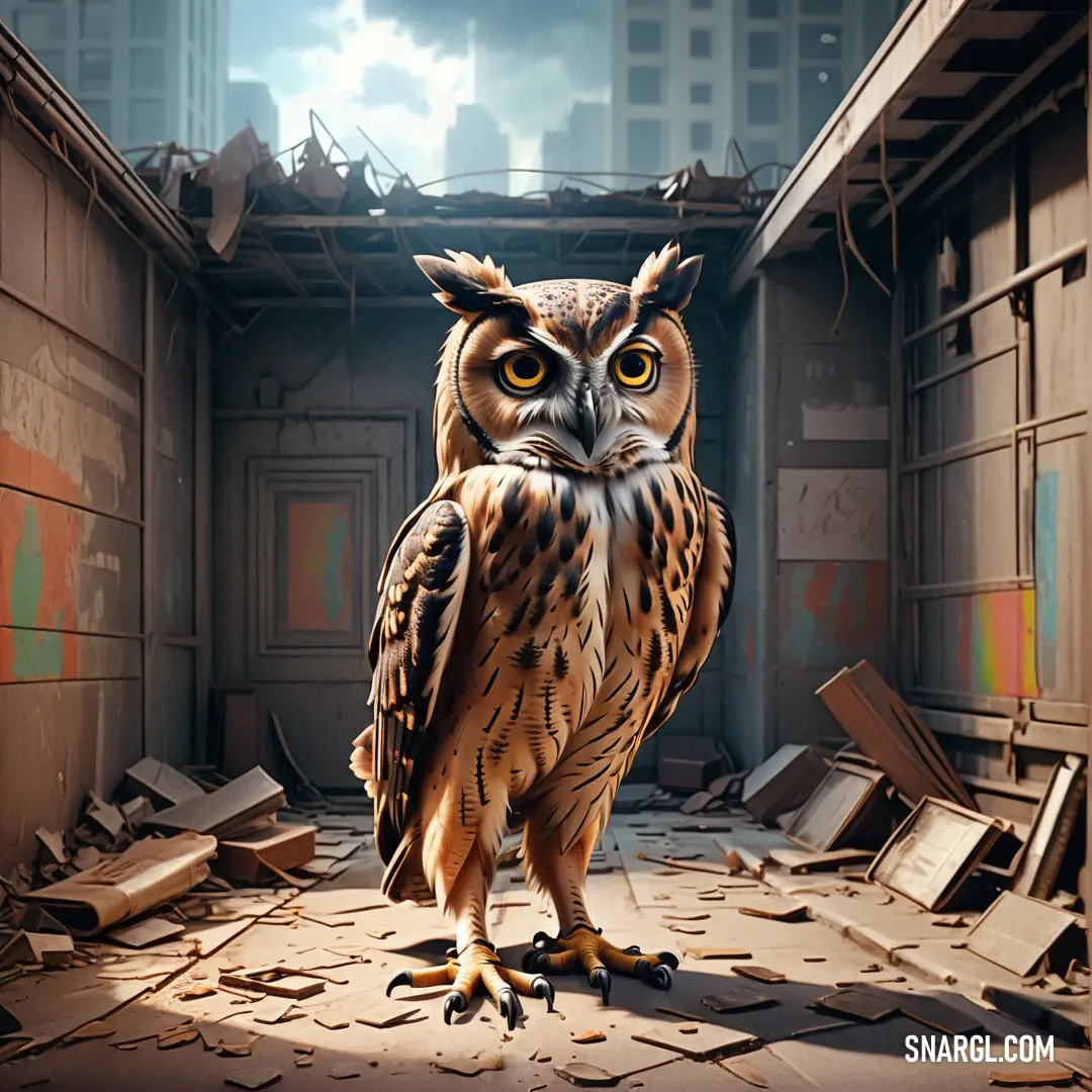 Owl standing on a broken floor in a building with a sky background. Color CMYK 0,22,45,40.