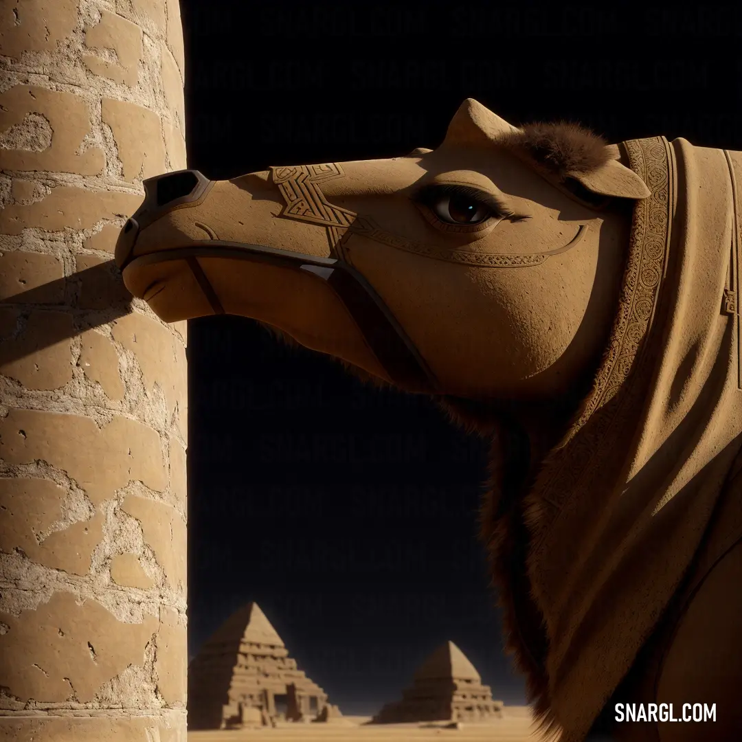 Horse statue is standing next to a pillar and pyramids in the background. Color RGB 152,118,84.
