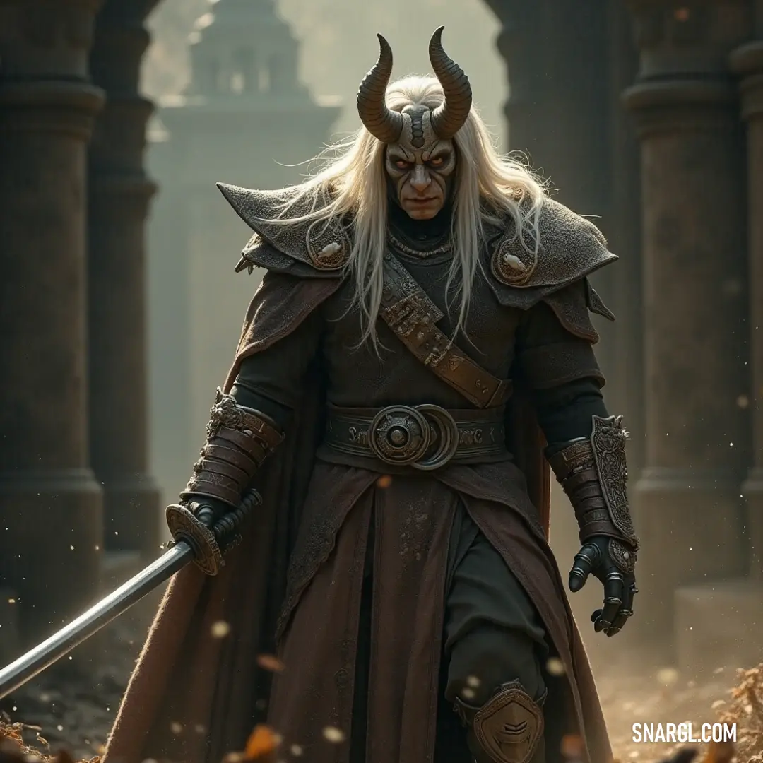 In the courtyard of an ancient castle, a man clad in a horned costume holds a mighty sword under the watchful gaze of a clock tower, blending fantasy and reality in a scene rich with dramatic history.