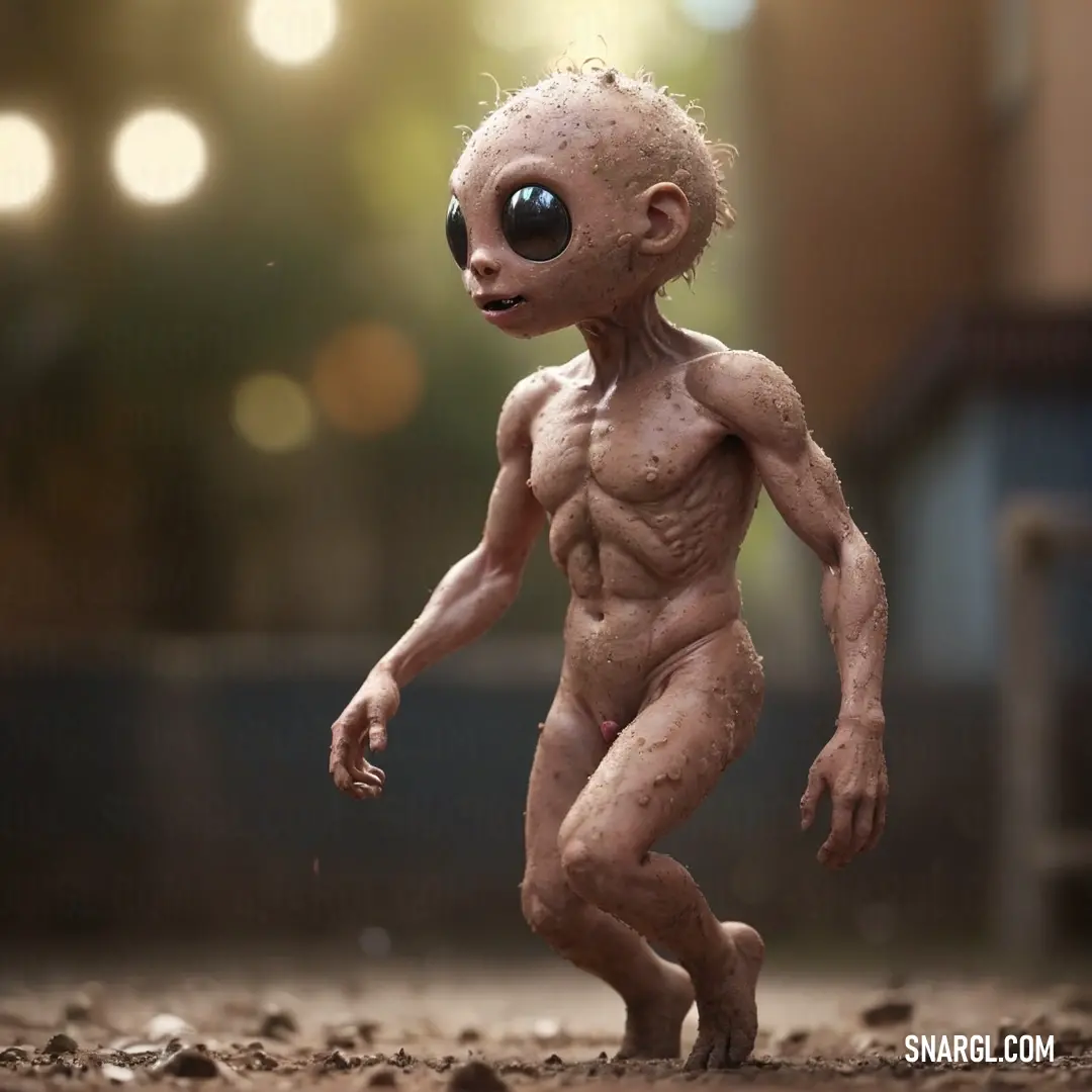 Weird looking alien walking across a dirt field with a light shining on it's face and head. Example of RGB 152,118,84 color.