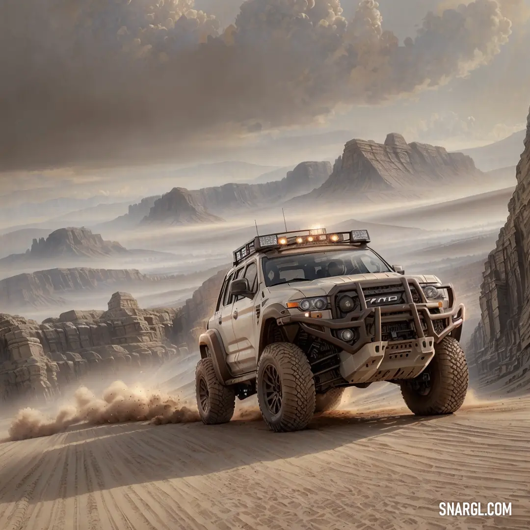 Truck driving through a desert with mountains in the background and clouds in the sky above it