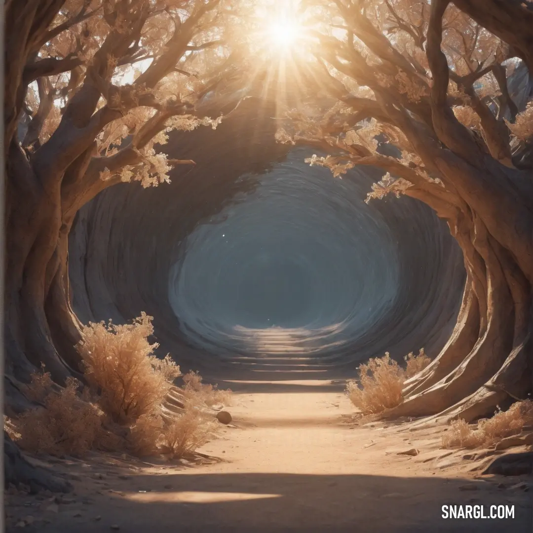 Tunnel of trees with the sun shining through it's branches in the desert. Example of Pale brown color.