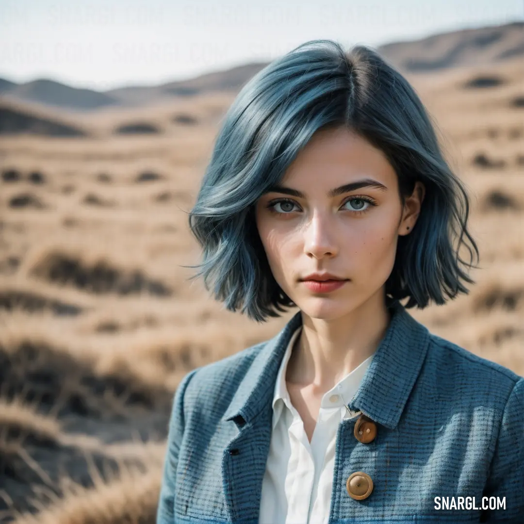 Woman with a blue hair and a blue jacket in a desert area with a mountain in the background