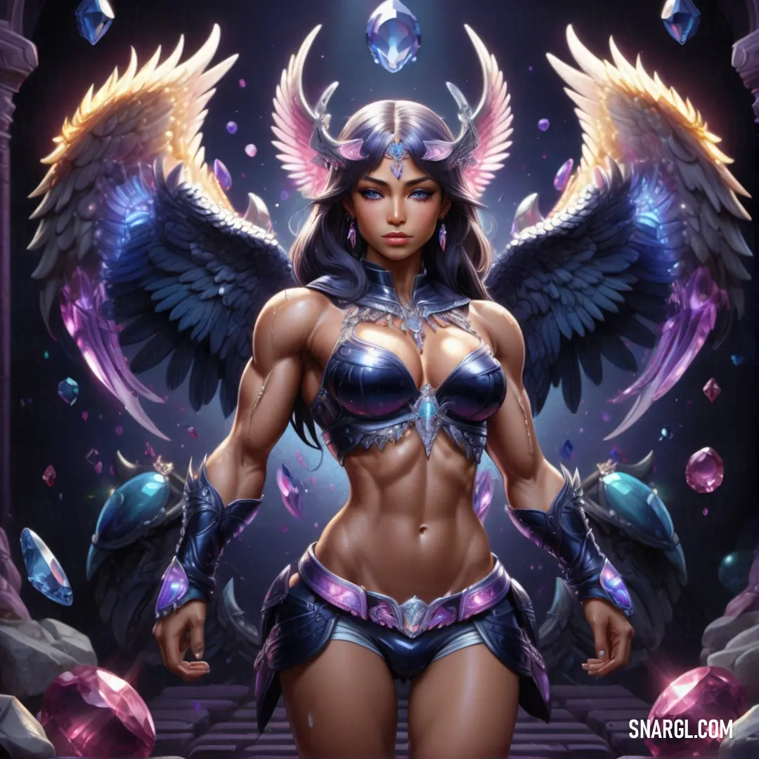 Woman with wings and a bikini in a cave with crystals and crystals on her chest