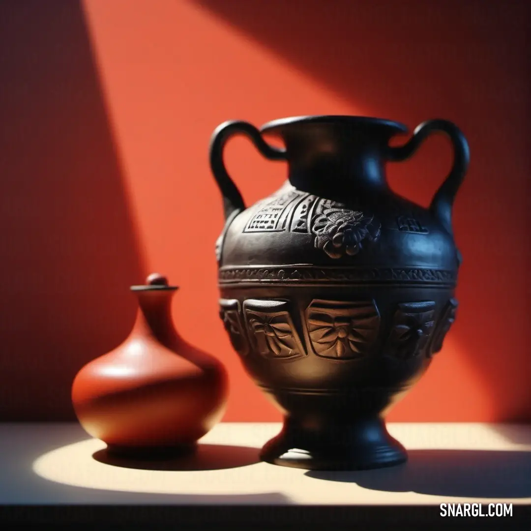 Black vase and a red vase on a table with a red wall behind it. Example of CMYK 0,63,70,31 color.