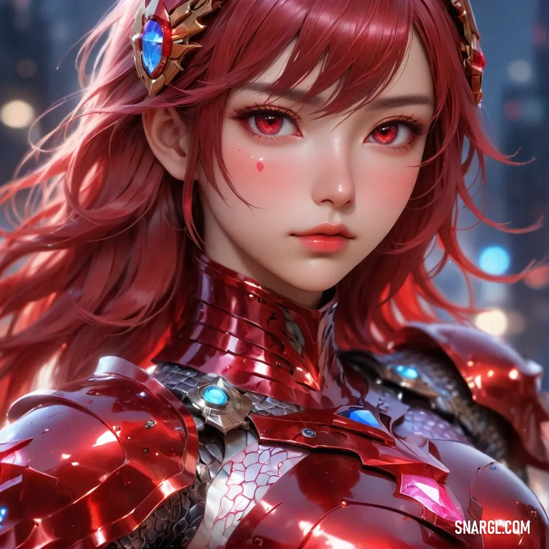 Pale carmine color. Girl with red hair and armor in a city at night with lights behind her and a halo around her head