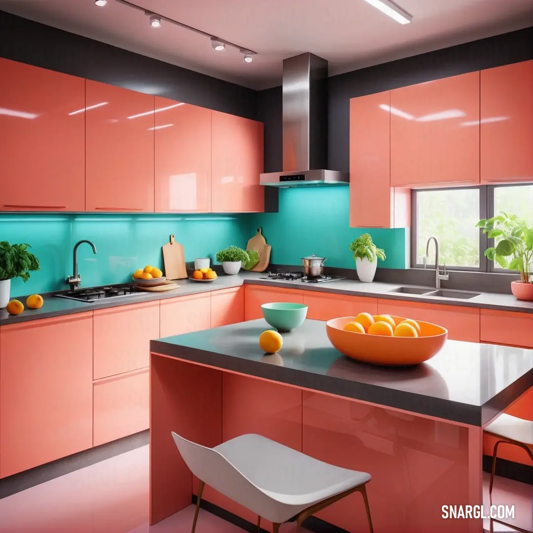 Kitchen with a bowl of fruit on the counter. Example of Pale carmine color.