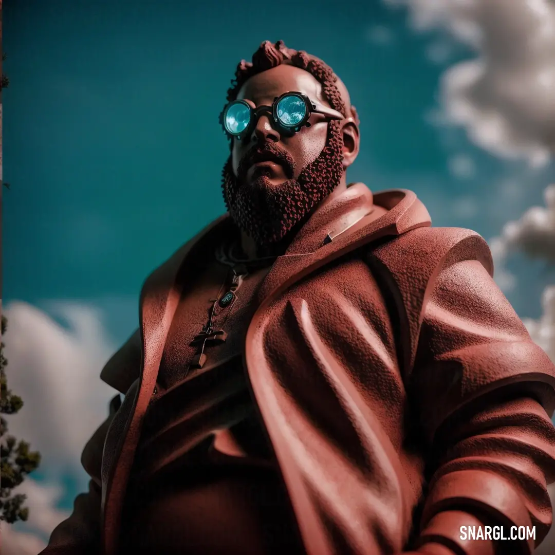 Man with a beard and blue glasses on his face is standing in front of a cloudy sky and clouds