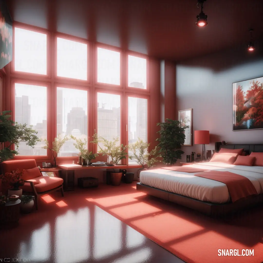 Pale carmine color. Bedroom with a large bed and a large window with a view of the city outside of it