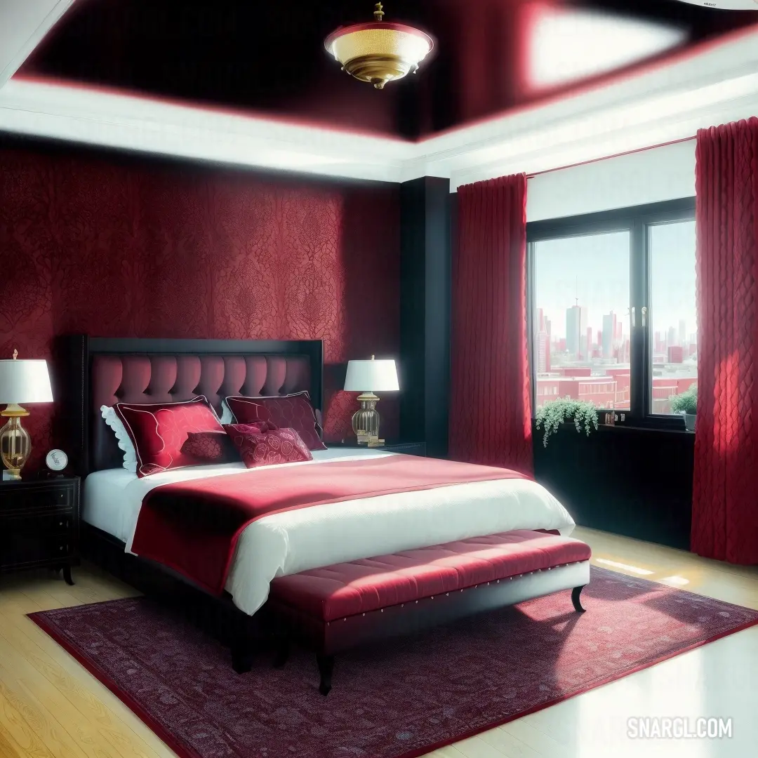 Bedroom with a red and white bed and a red rug on the floor and a red wall and window. Color CMYK 0,63,70,31.