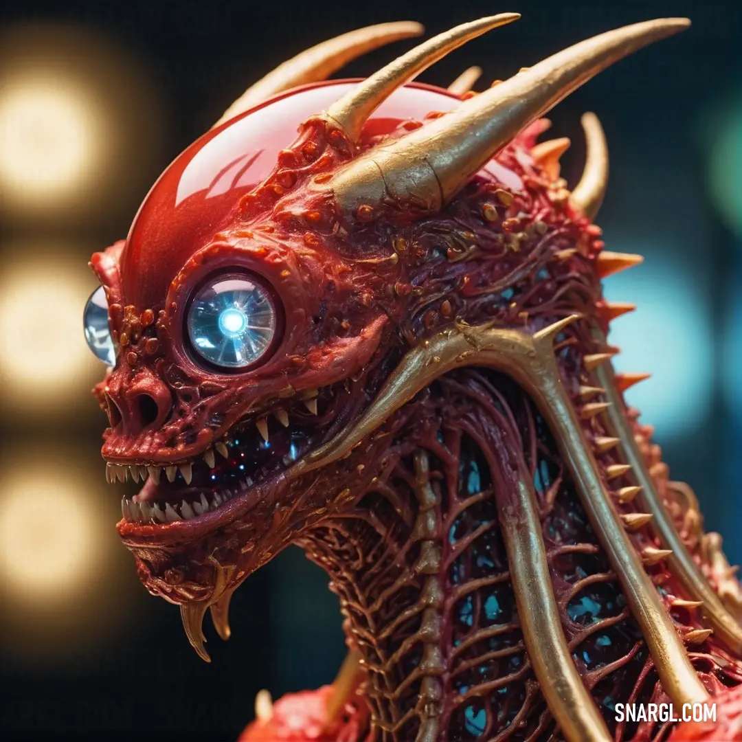 Close up of a red alien with horns and spikes on its head and eyes, with a blurry background. Example of CMYK 0,63,70,31 color.