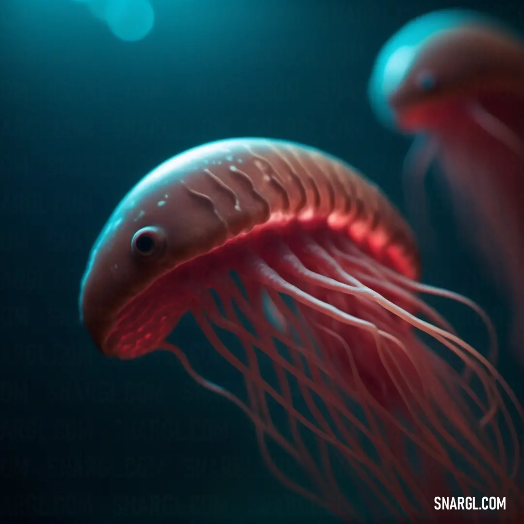 Pale carmine color example: Jellyfish with a long, thin tail and a long, thin head is swimming in the water