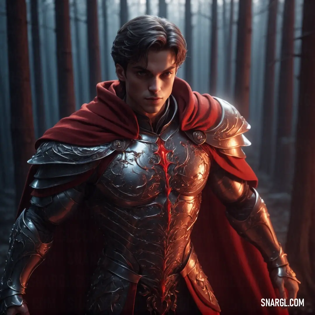Pale carmine color. Man in a red cape and armor in a forest with trees and fogs behind him
