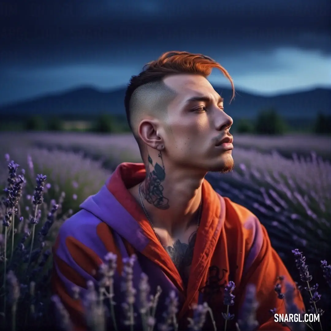 Pale carmine color example: Man with a tattoo on his neck standing in a field of lavenders at night with a dark sky