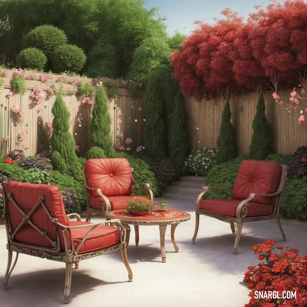 Painting of a garden with red chairs and a table with a potted plant on it and a fence with flowers. Color #AF4035.