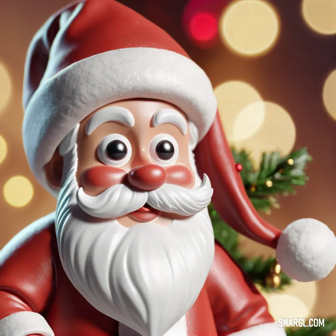 Pale carmine color example: Santa clause figurine on a table with a christmas tree in the background