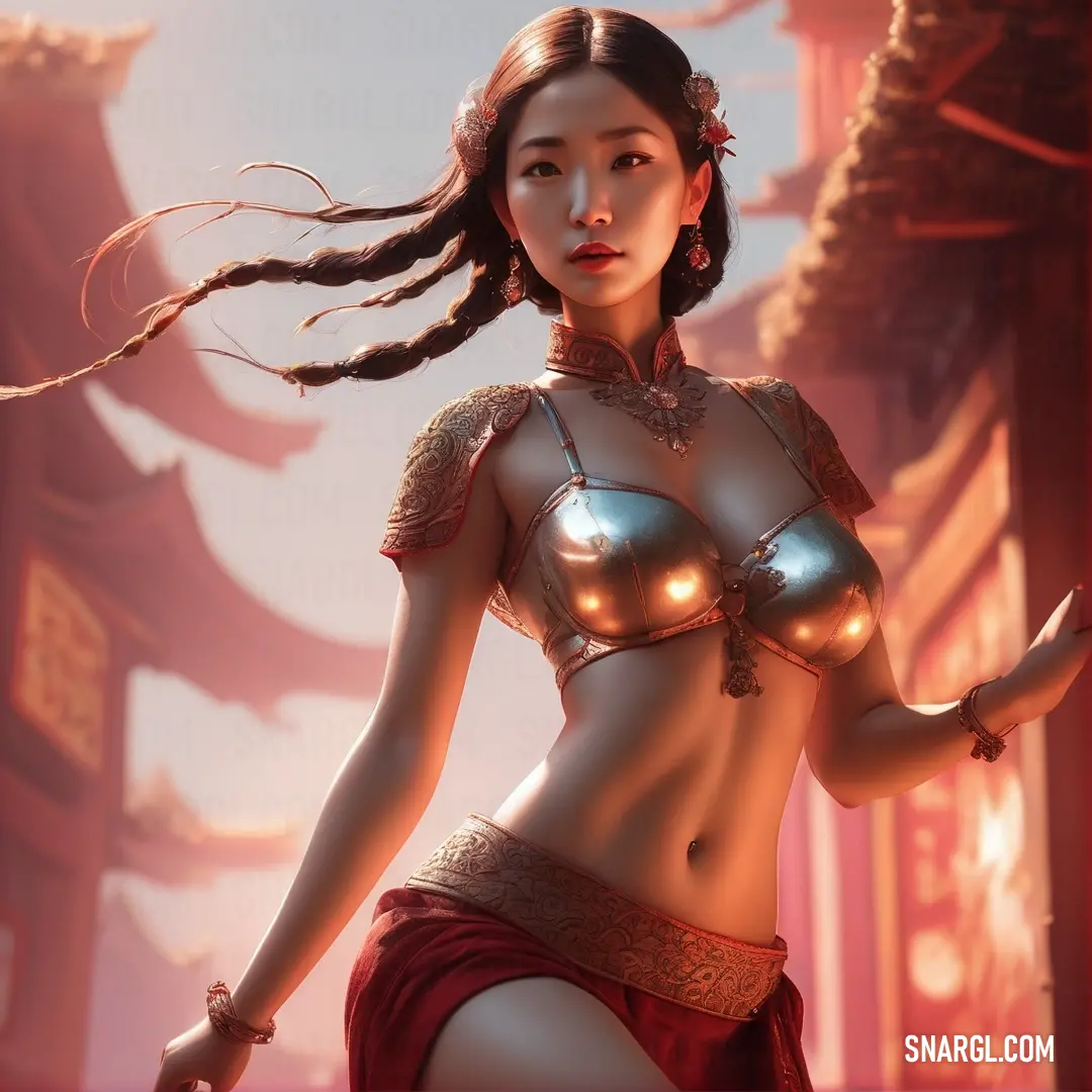 Woman in a bikini with a sword in her hand and a chinese building in the background. Color Pale carmine.
