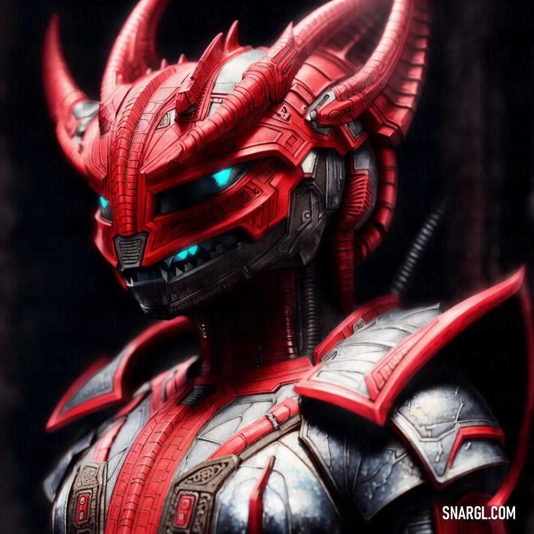 Red demon with horns and a helmet on is staring at the camera with a glowing eyeball in his eyes