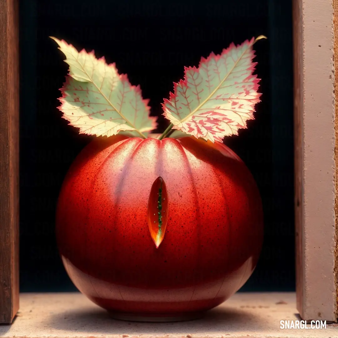 Red vase with a green leaf on top of it on a shelf in a window sill with a black background