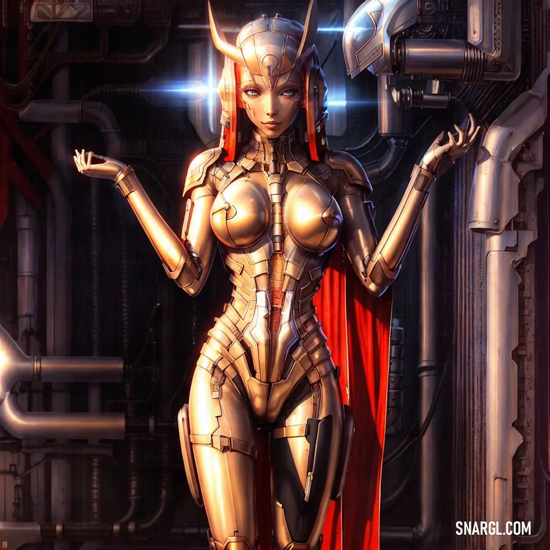 Woman in a futuristic suit with horns and horns on her head