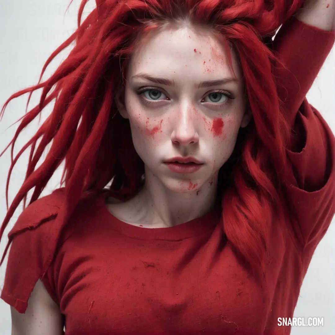 Woman with red hair and makeup has red hair and red makeup on her face and hands