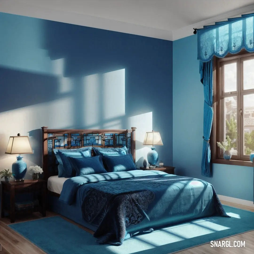 Bedroom with blue walls and a bed with blue sheets and pillows and a blue rug on the floor