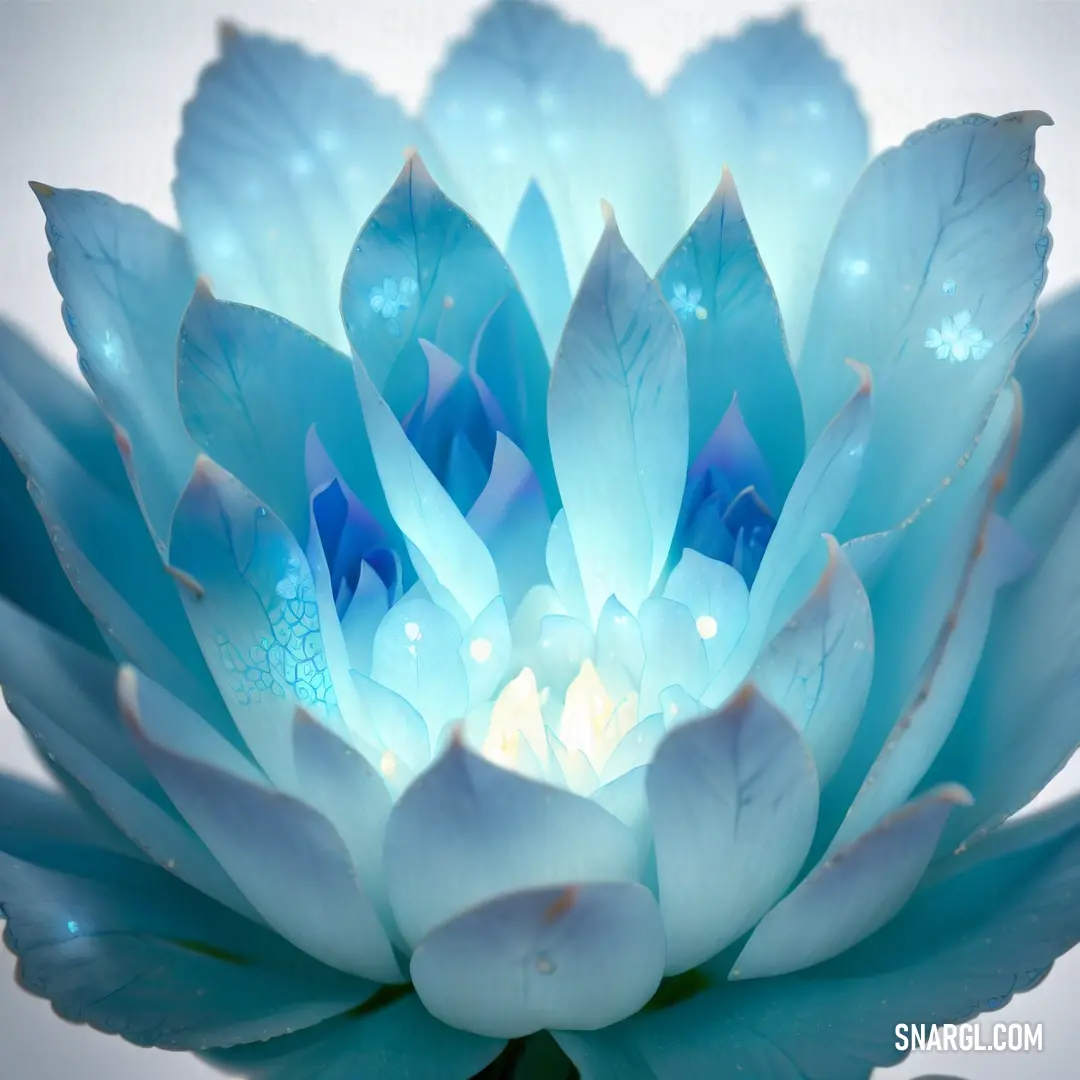 Blue flower with white petals and a light blue center is shown in the middle of the image