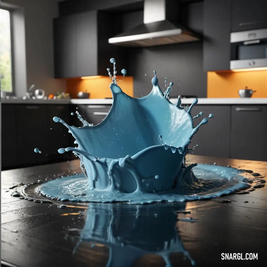 Pale cerulean color. Blue splash of water on a table in a kitchen area with a black counter top and cabinets in the background