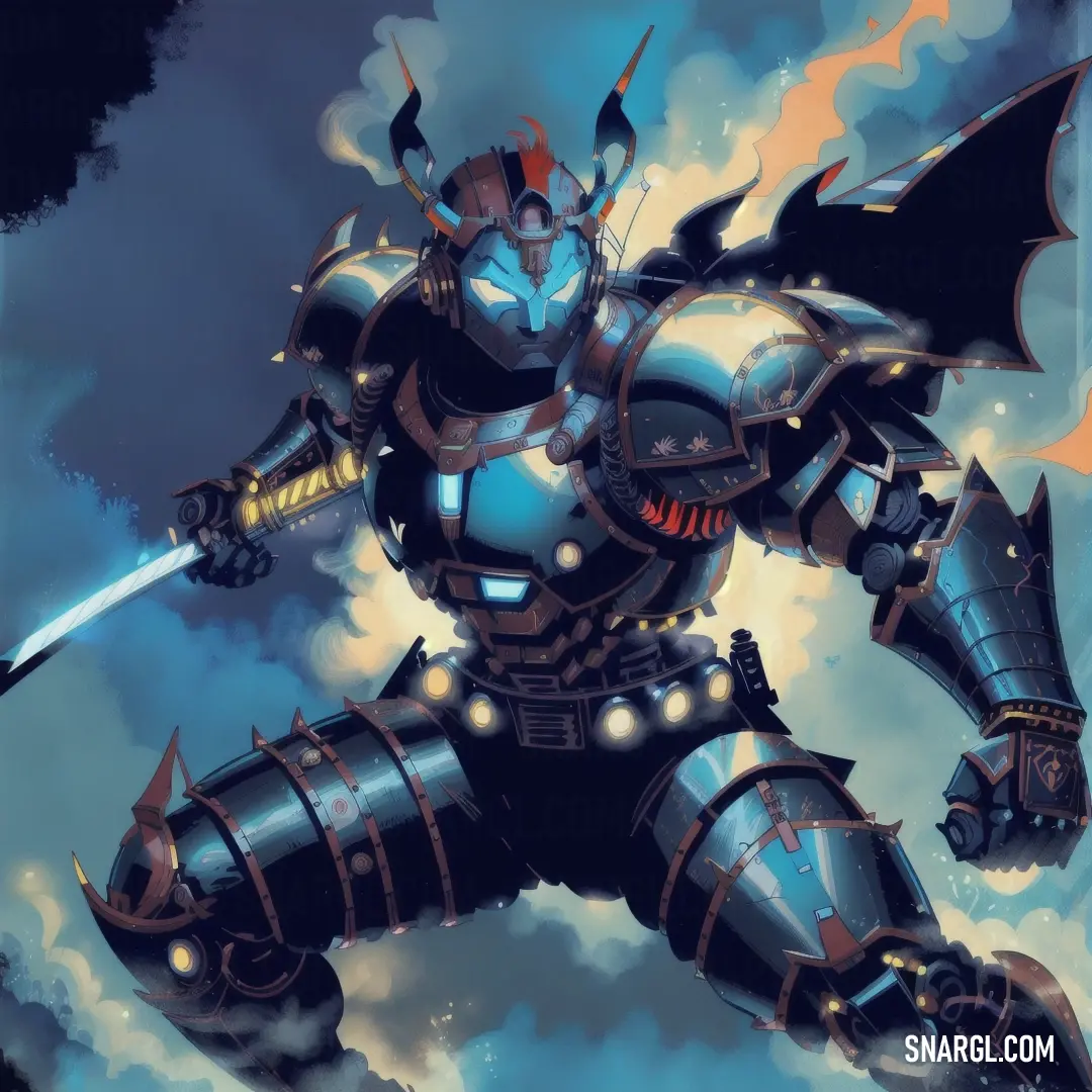 Cartoon of a giant robot with a sword in his hand and a demon on his back