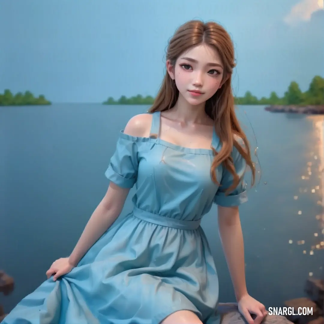 Girl in a blue dress on a rock by the water with a lake in the background. Color #9BC4E2.