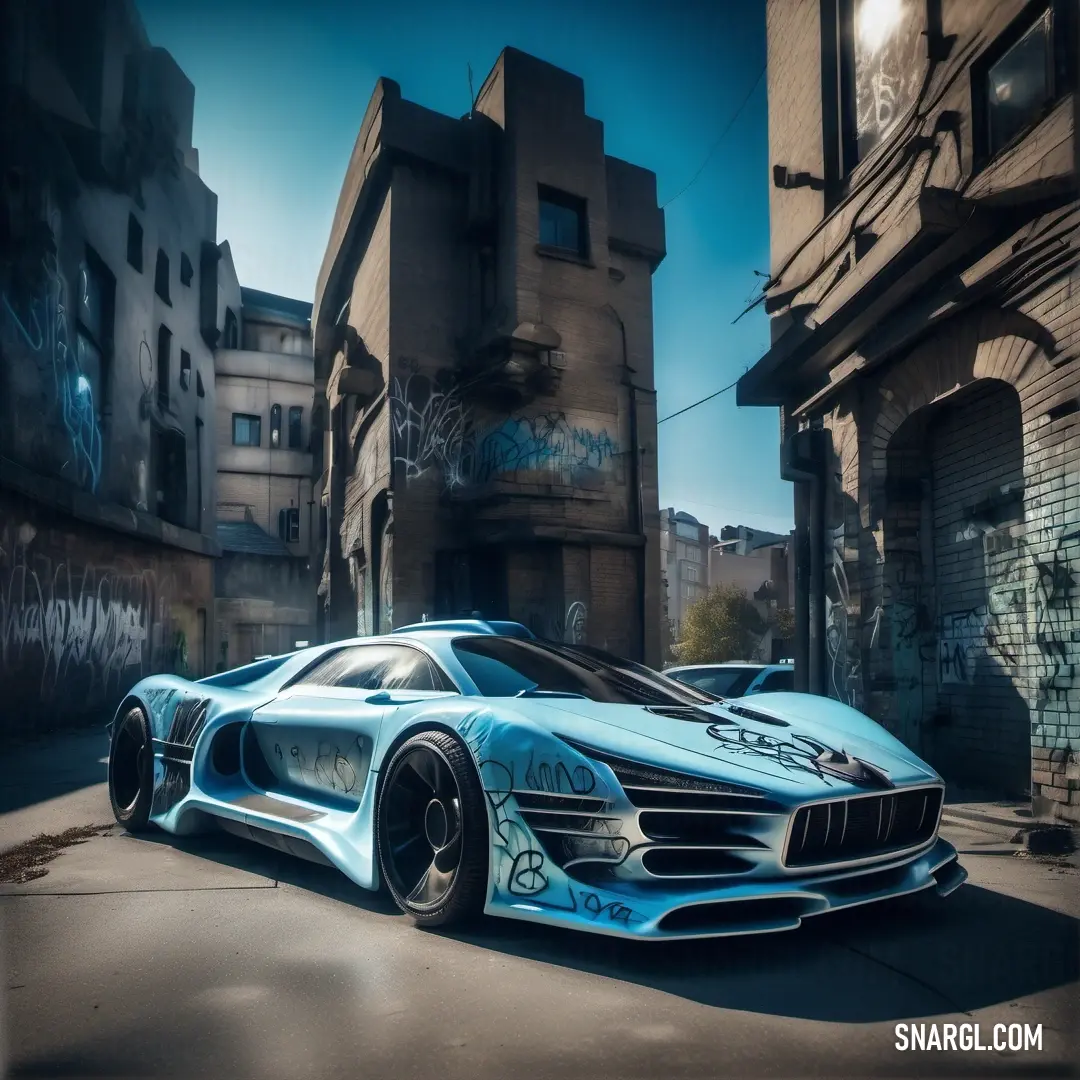 Blue sports car parked in a street next to a building with graffiti on it's walls. Example of RGB 155,196,226 color.