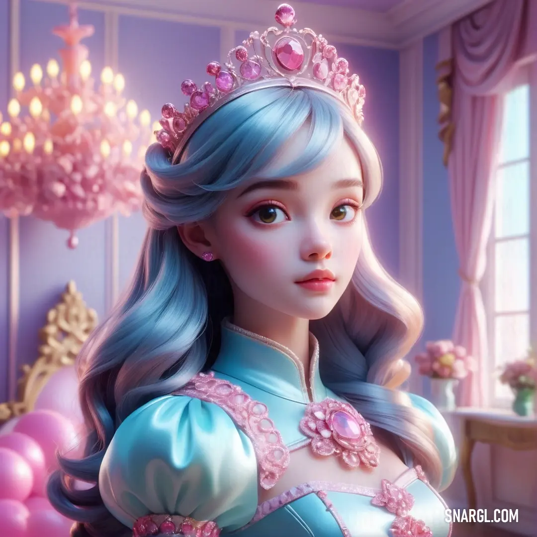 Cartoon girl with blue hair wearing a tiara and a blue dress with pink flowers on it. Color CMYK 31,13,0,11.
