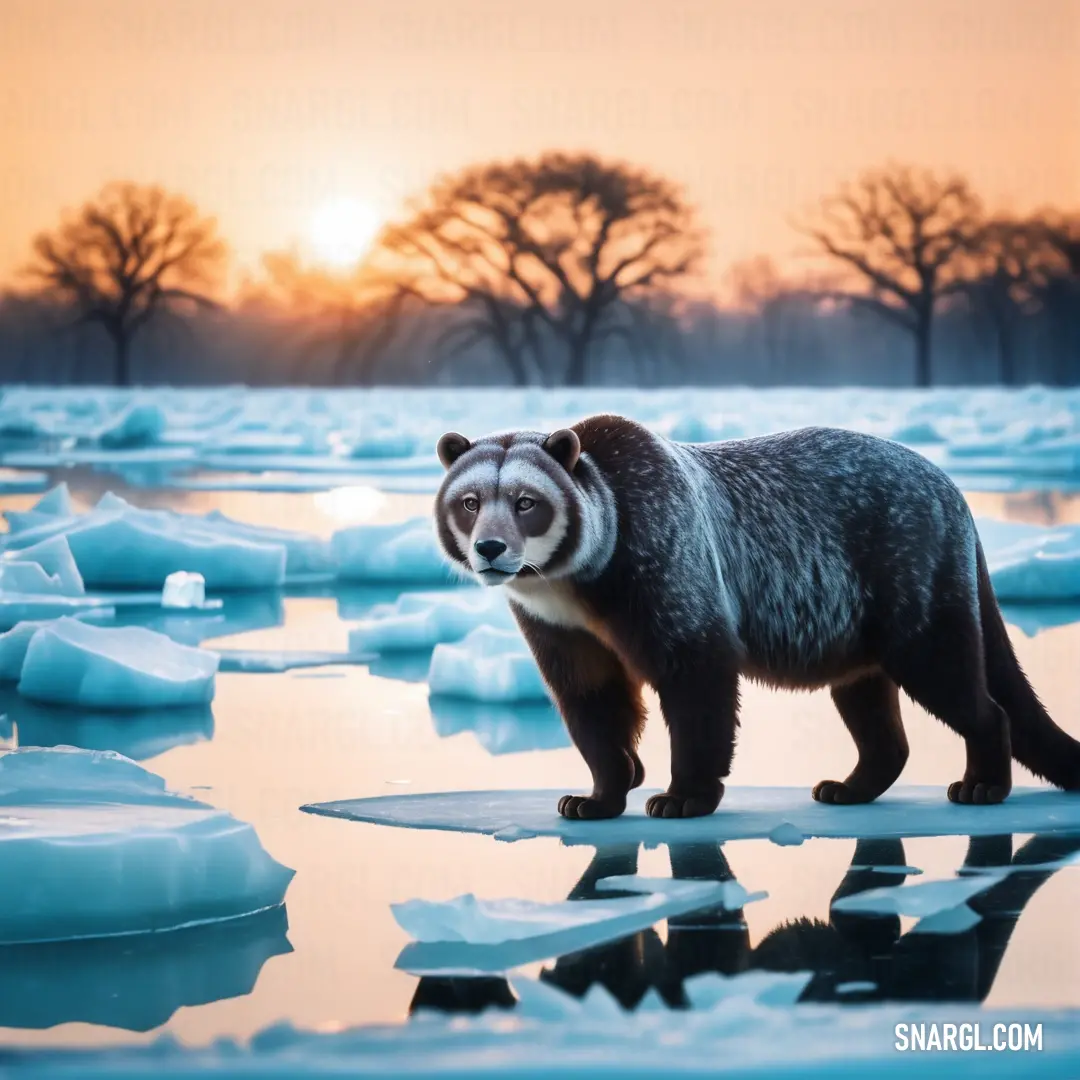 Pale cerulean color. Raccoon standing on ice floes in the middle of a lake at sunset with trees in the background