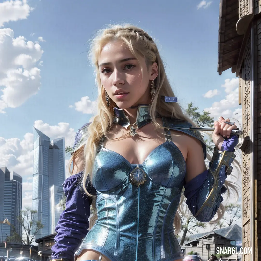 Woman in a blue corset holding a sword in a city street with buildings in the background