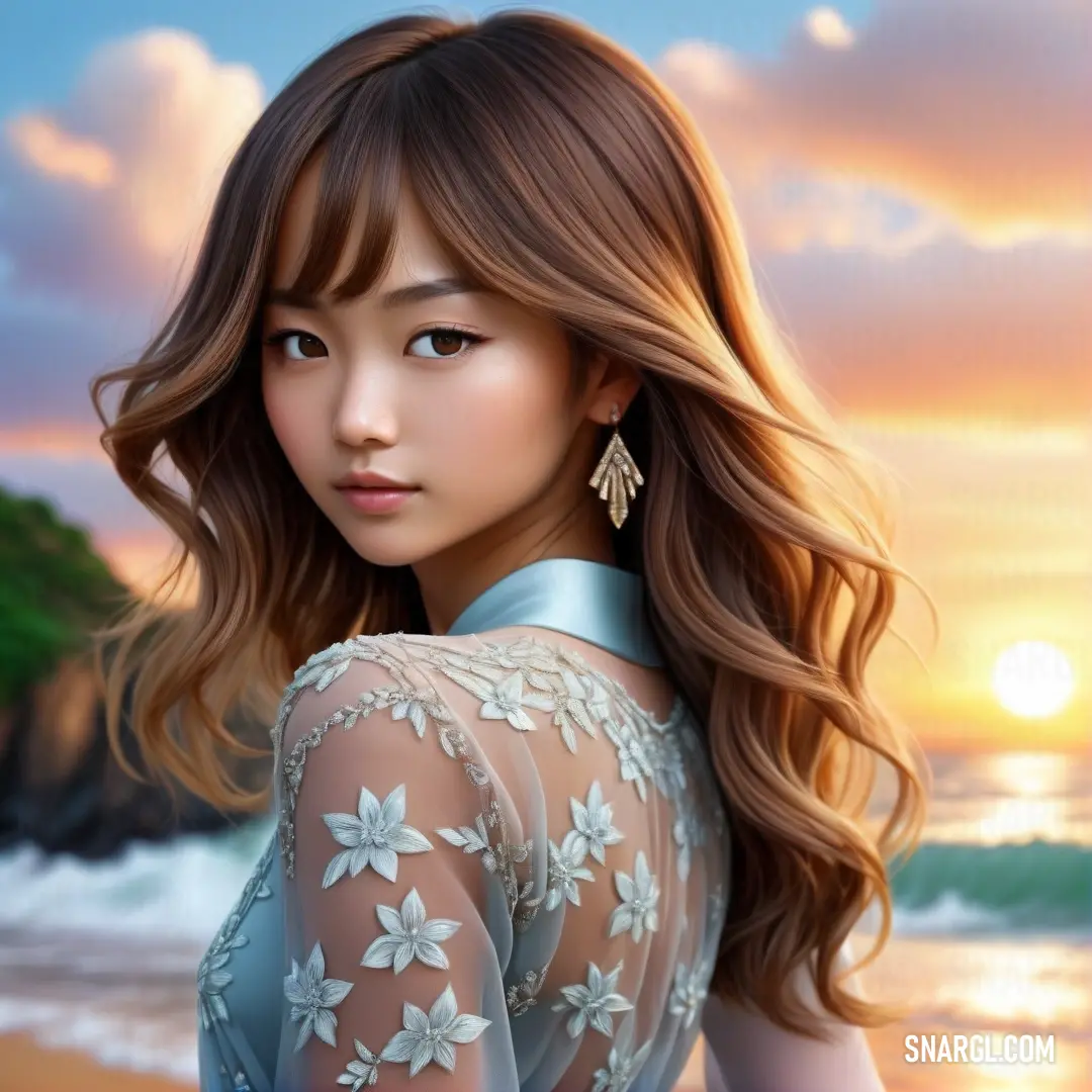 Pale cerulean color example: Woman with long hair standing on a beach near the ocean at sunset with a beautiful dress on her shoulders